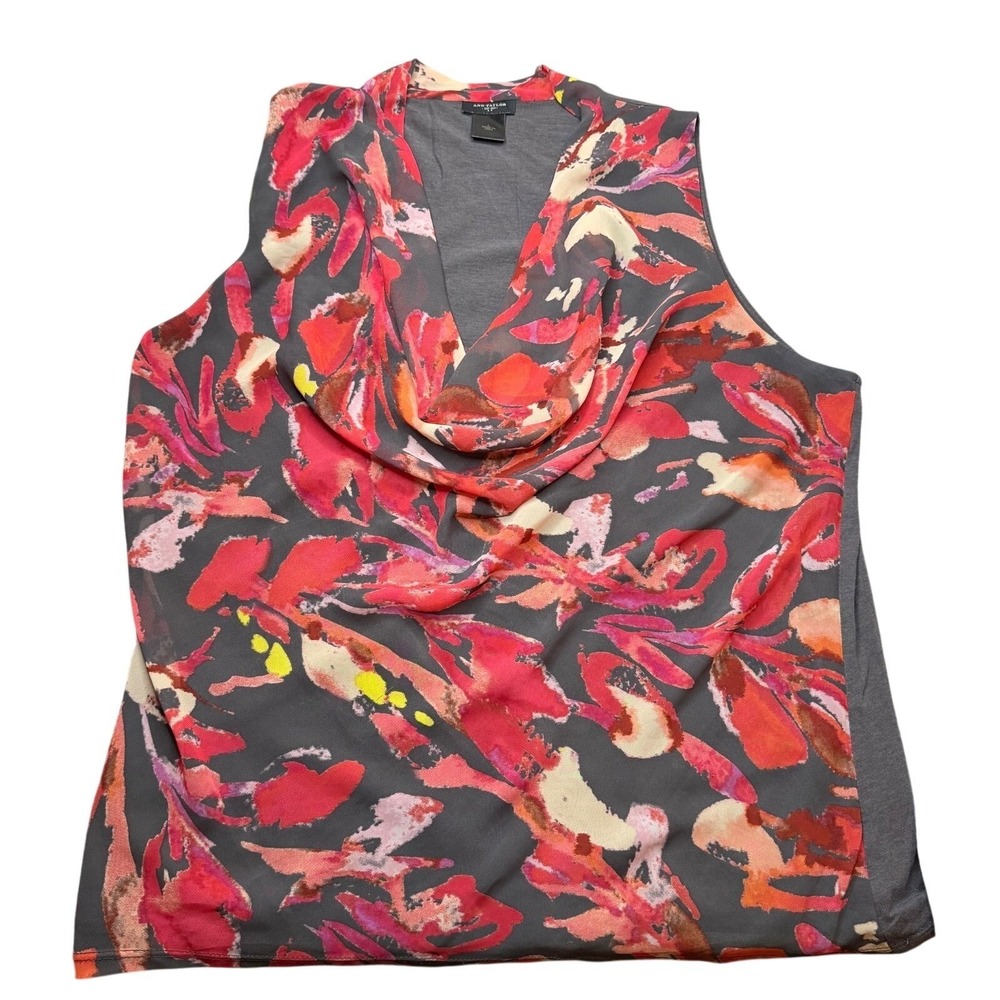 Ann Taylor Floral Cowl Neck Tank Top Womens Large Grey Red Career Chic Workwear